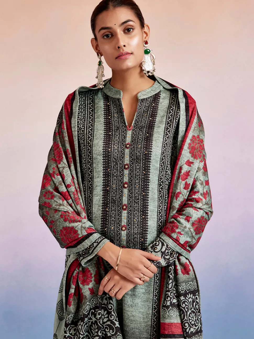Jaipur Kurti Woolen Ethnic Printed Kurta Set With Dupatta