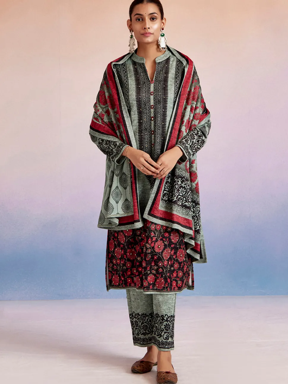 Jaipur Kurti Woolen Ethnic Printed Kurta Set With Dupatta