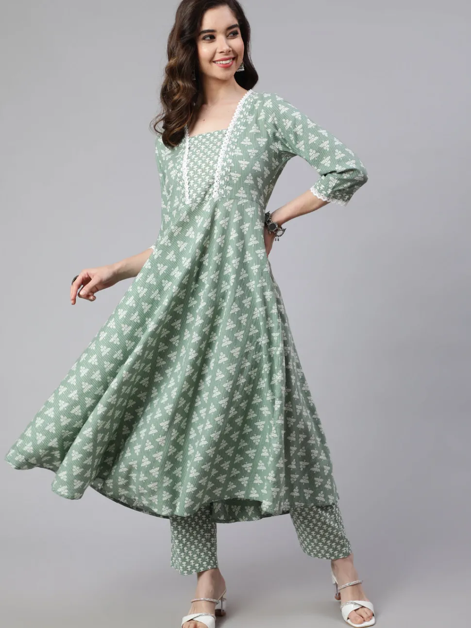Jaipur Kurti Woven Ethnic Print Embroidered Flared Laced Kurta With Printed Palazzo
