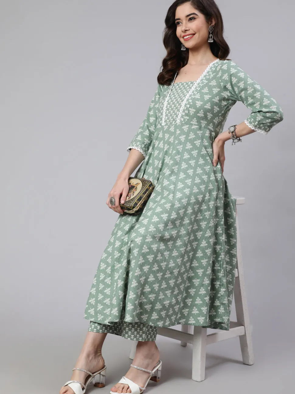 Jaipur Kurti Woven Ethnic Print Embroidered Flared Laced Kurta With Printed Palazzo