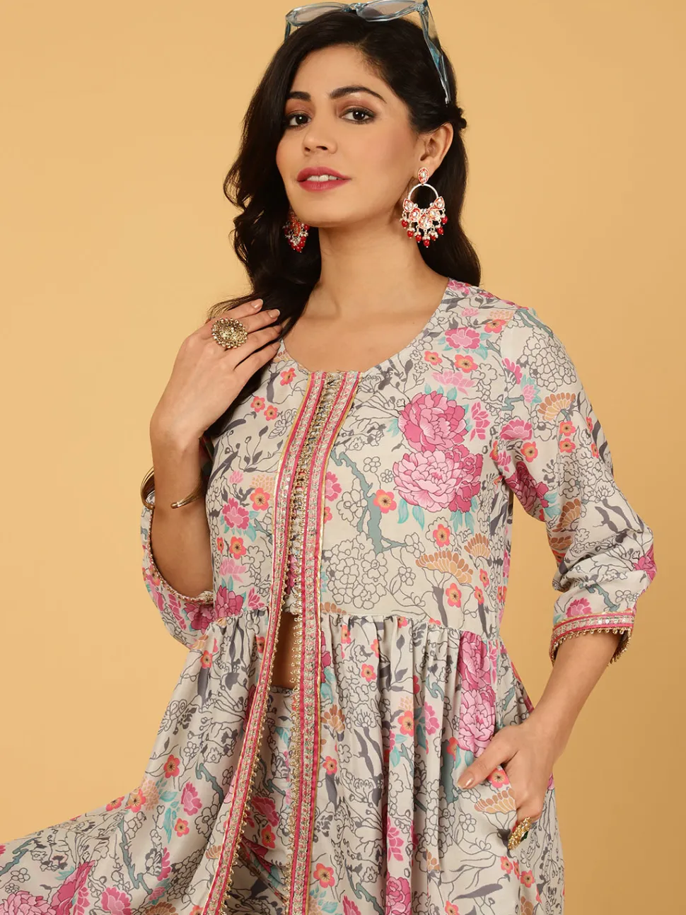 Jaipur Kurti Floral Printed Gathered Kurta With Pants
