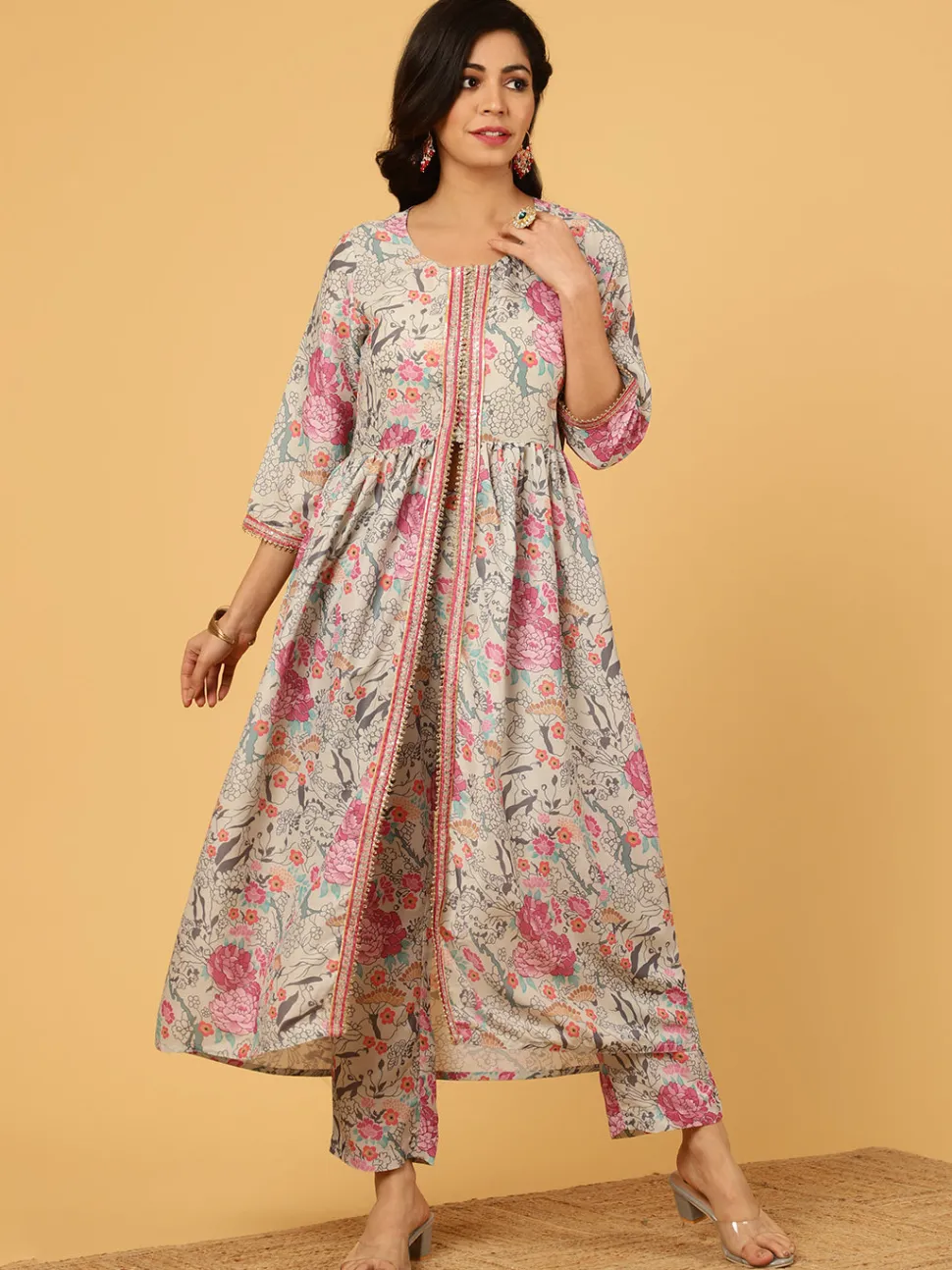 Jaipur Kurti Floral Printed Gathered Kurta With Pants