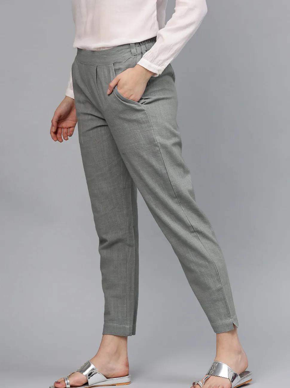 Jaipur Kurti Solid Cotton Slub Straight Pants