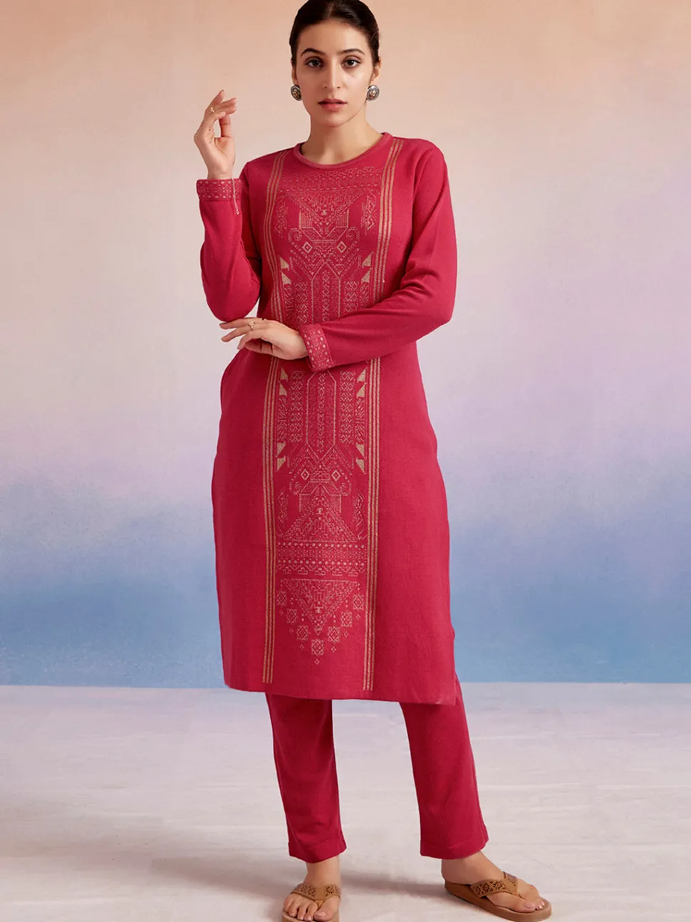 Jaipur Kurti Jacquard Straight Woolen Kurta Set