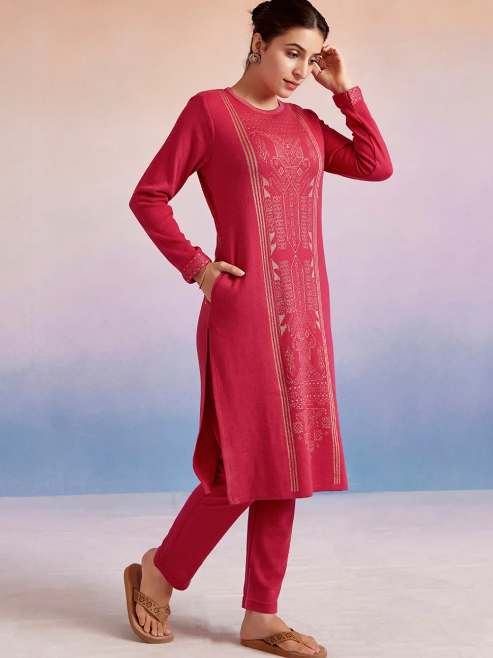 Jaipur Kurti Jacquard Straight Woolen Kurta Set