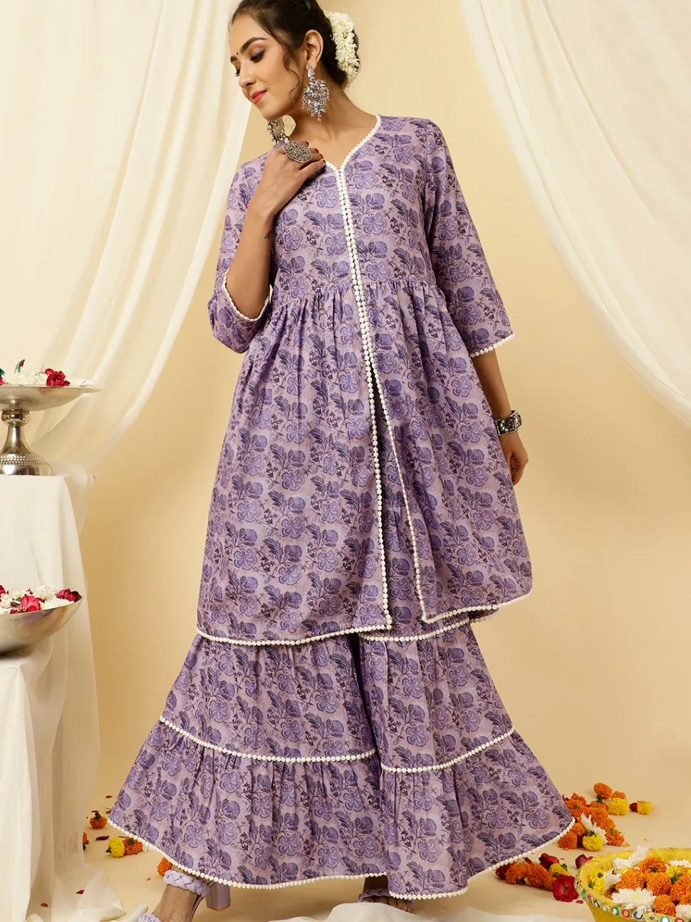 Jaipur Kurti Floral Print Flared Kurta With Sharara