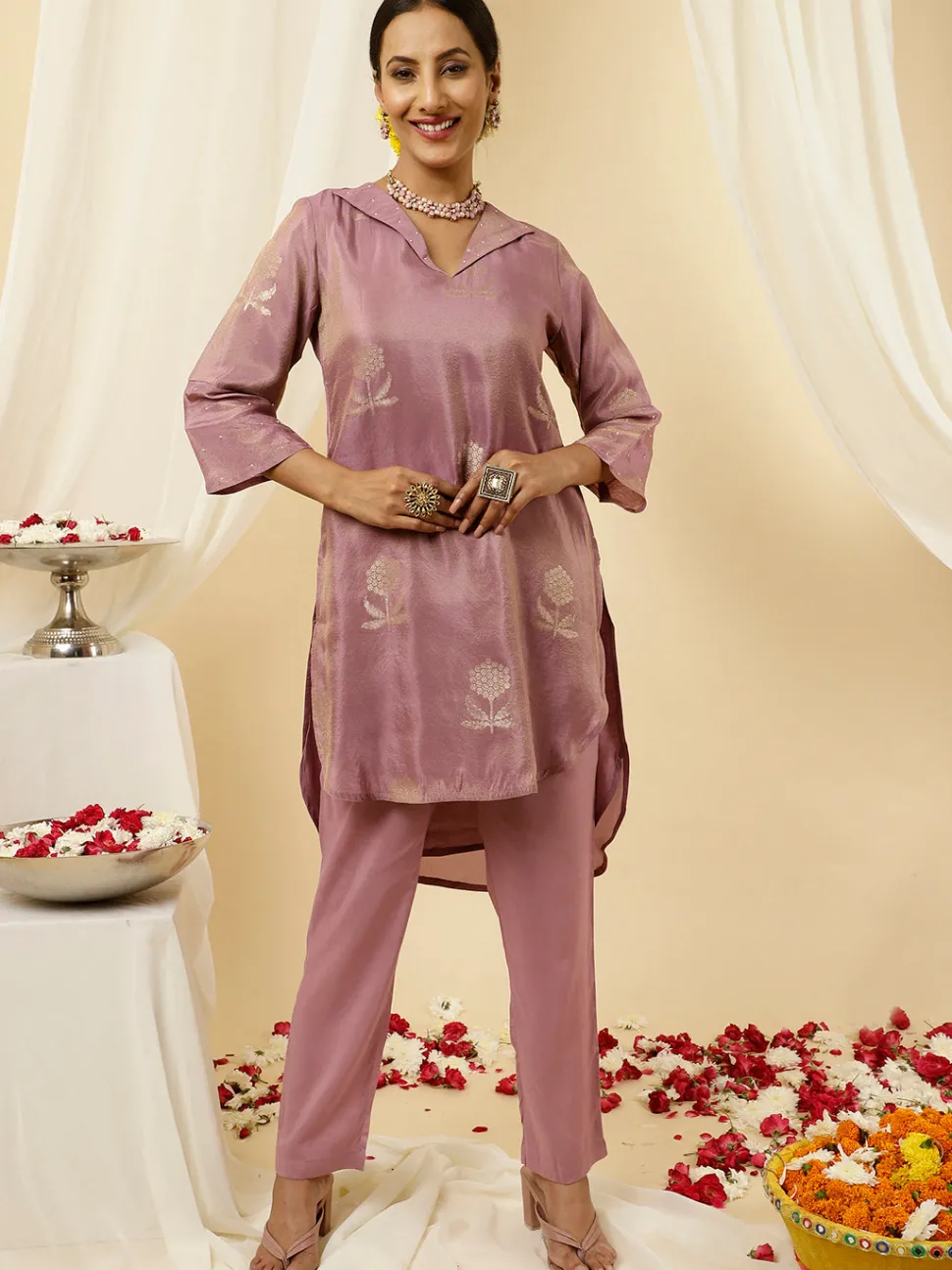 Jaipur Kurti Pure Jacquard Silk Beadwork Kurta With Pants Co-ord Set