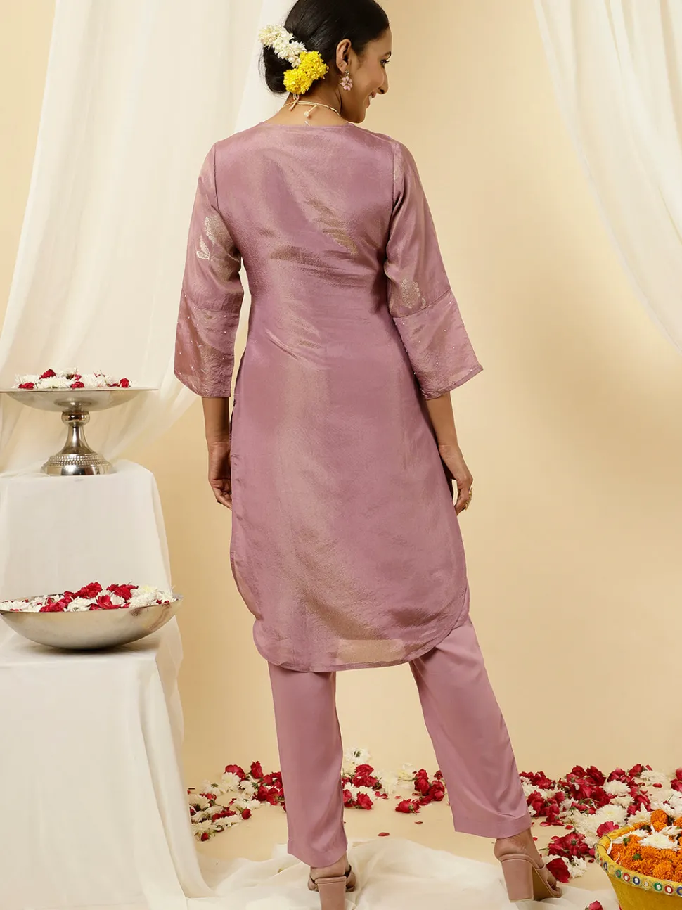 Jaipur Kurti Pure Jacquard Silk Beadwork Kurta With Pants Co-ord Set