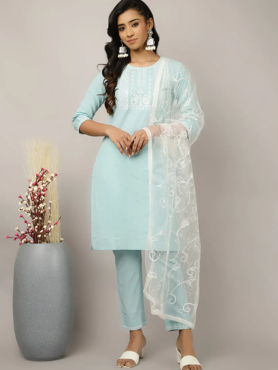 Jaipur Kurti Light Blue Sequin Embroidered Suit Set