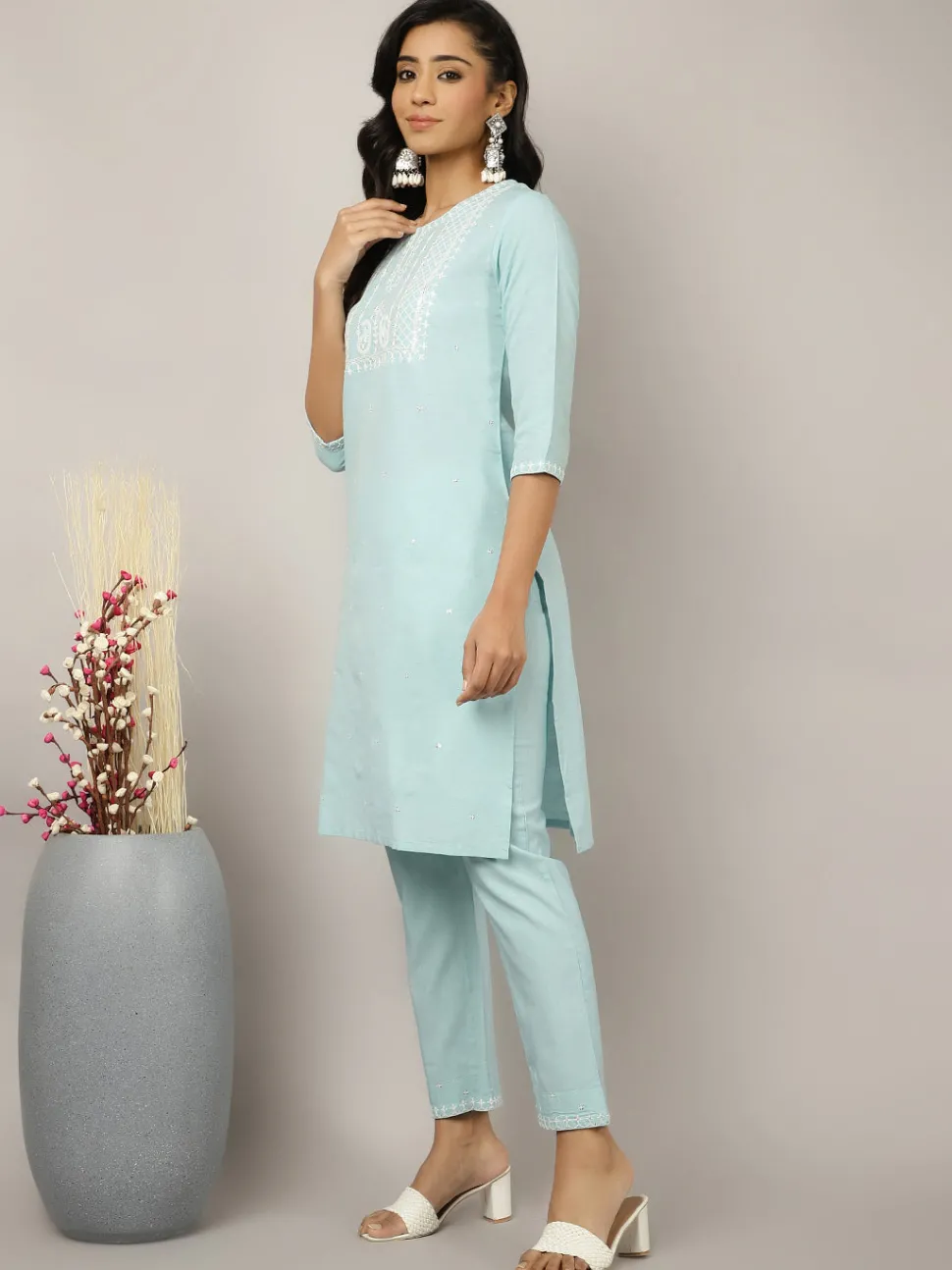 Jaipur Kurti Light Blue Sequin Embroidered Suit Set