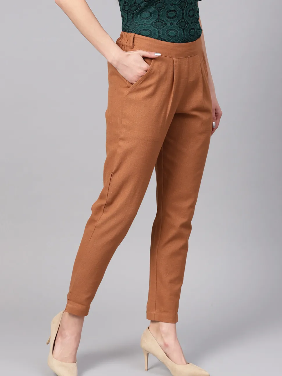 Jaipur Kurti Light Brown Solid Cotton Slub Straight Pants