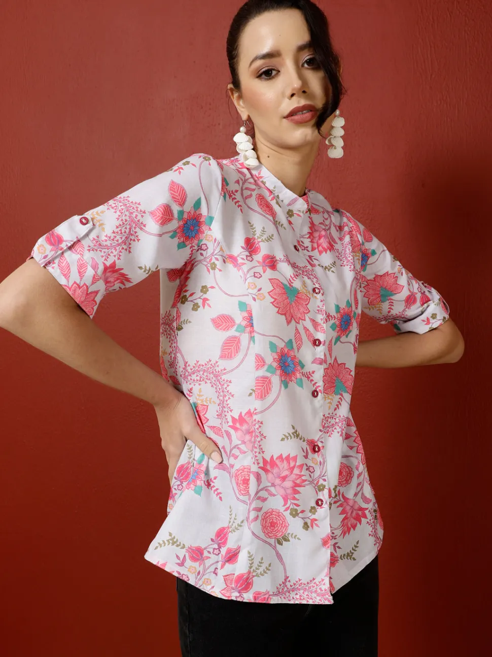 Jaipur Kurti Light Grey Ethnic Printed Princess Cut Formal Top