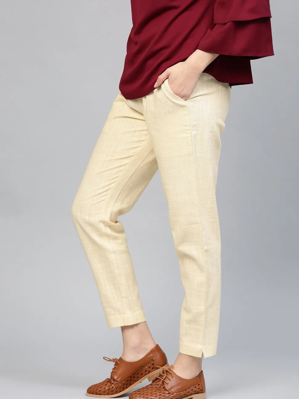 Jaipur Kurti Light Yellow Solid Cotton Slub Straight Pants