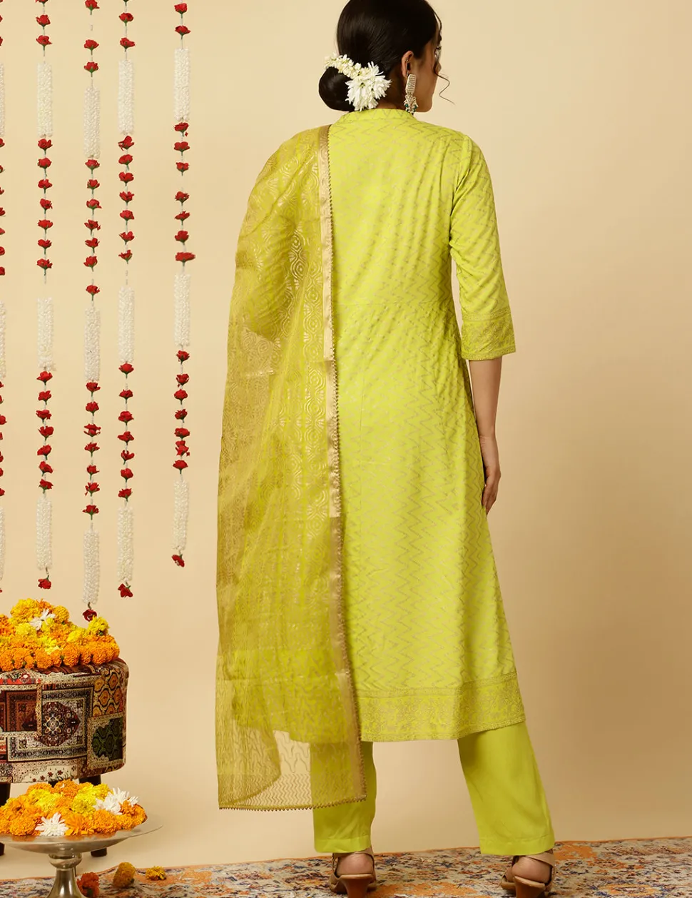 Jaipur Kurti Lime Green Zigzag Printed Anarkali Kurta With Pants And Dupatta
