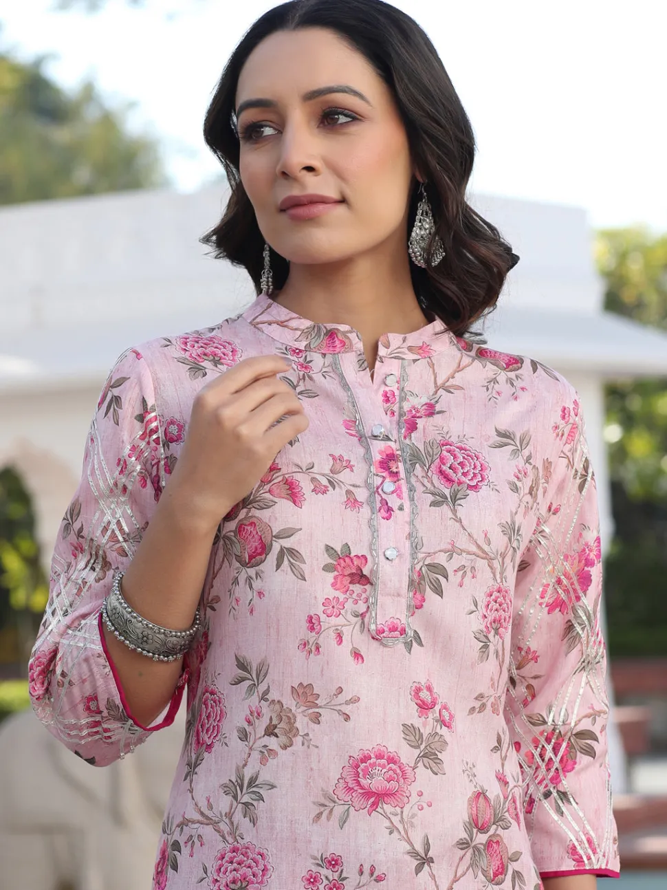 Jaipur Kurti Magenta Cotton Slub Printed Embellished Kurta With Rayon Palazzo