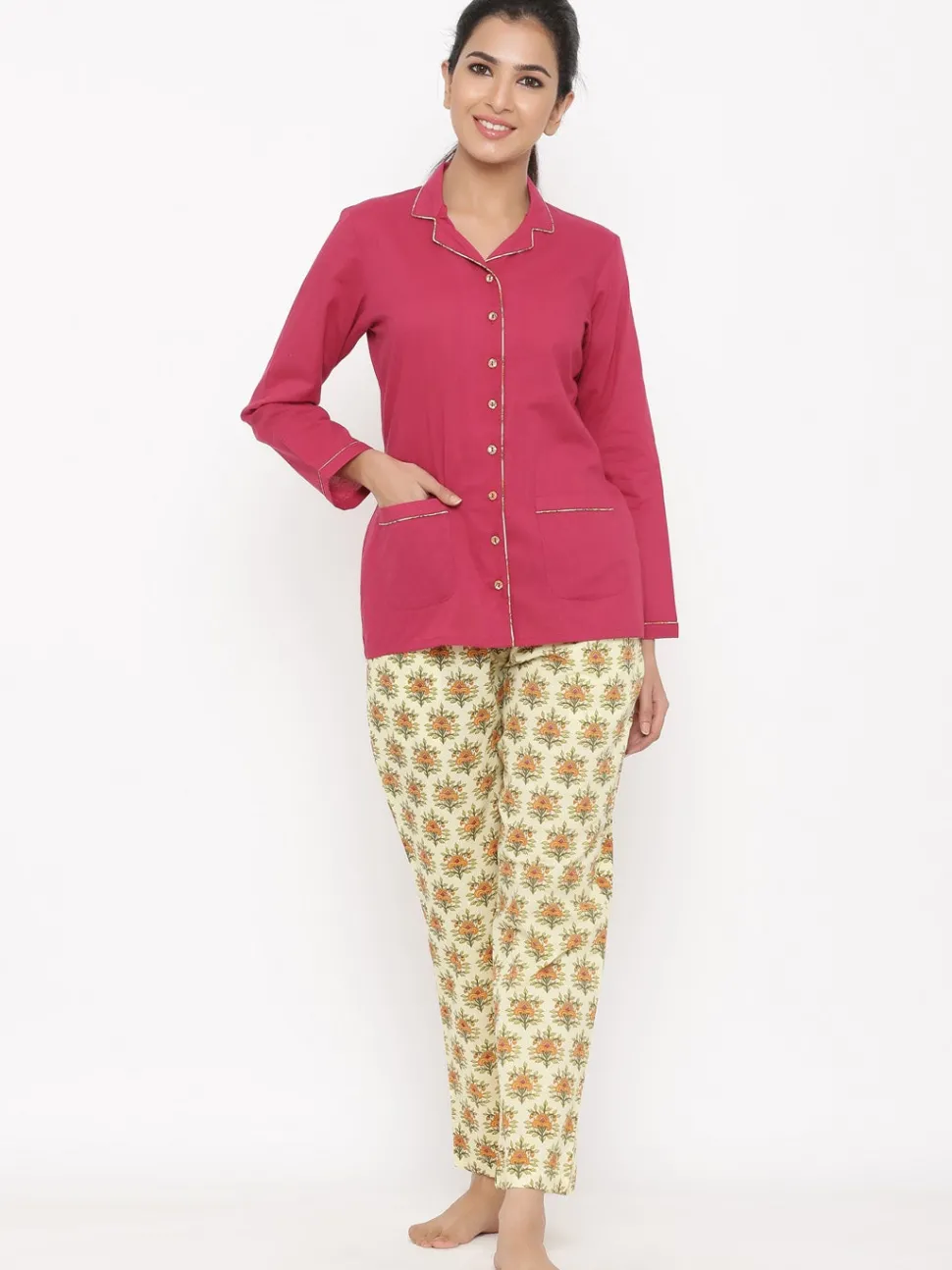 Jaipur Kurti Magenta Ethnic Print Cotton Night suit