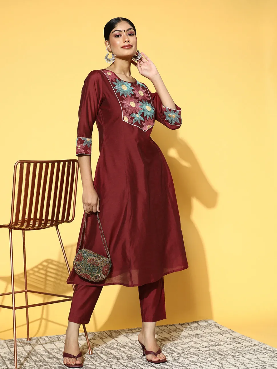 Jaipur Kurti Maroon Chanderi Embroidered A-Line Princess-Cut Kurta With Pants