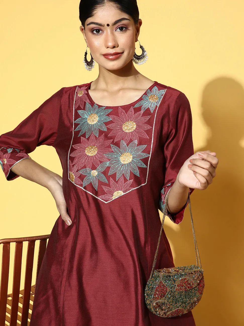 Jaipur Kurti Maroon Chanderi Embroidered A-Line Princess-Cut Kurta With Pants