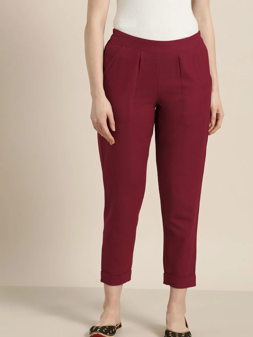 Jaipur Kurti Cotton Slub Bottom-Fold Straight Pants