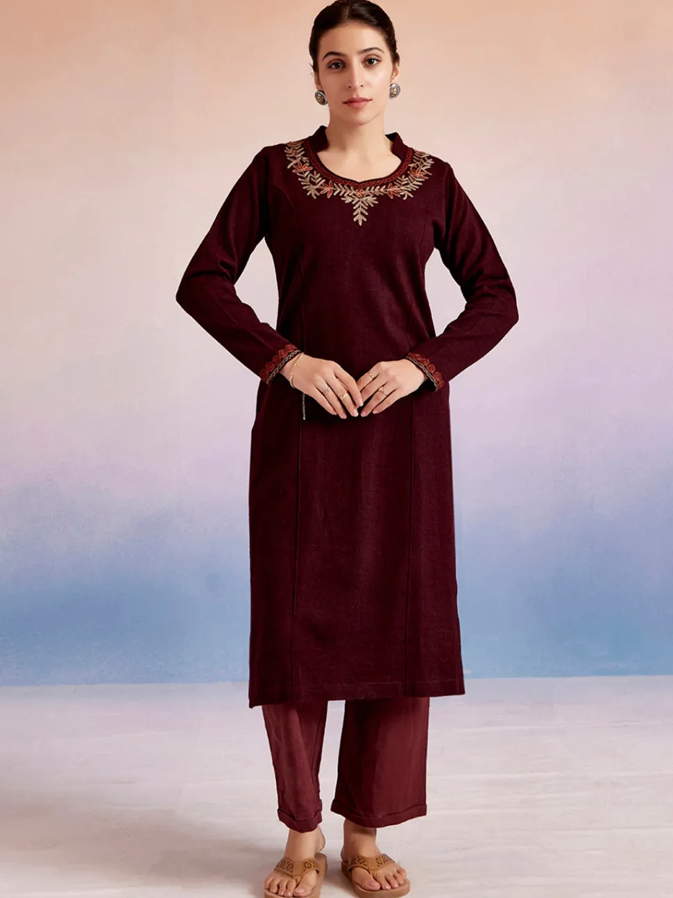 Jaipur Kurti Embroidered Woolen Straight Kurta