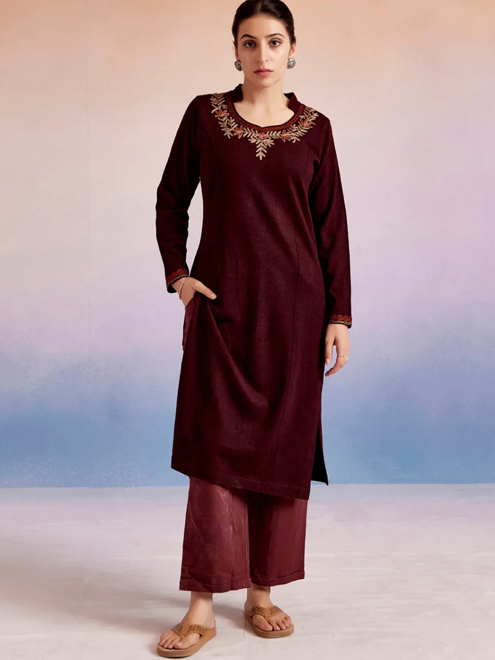 Jaipur Kurti Embroidered Woolen Straight Kurta
