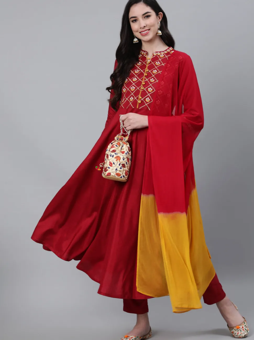Jaipur Kurti Maroon Embroired Flared Kurta With Palazzo And Chiffon Dupatta