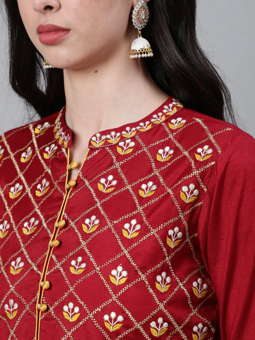 Jaipur Kurti Maroon Embroired Flared Kurta With Palazzo And Chiffon Dupatta