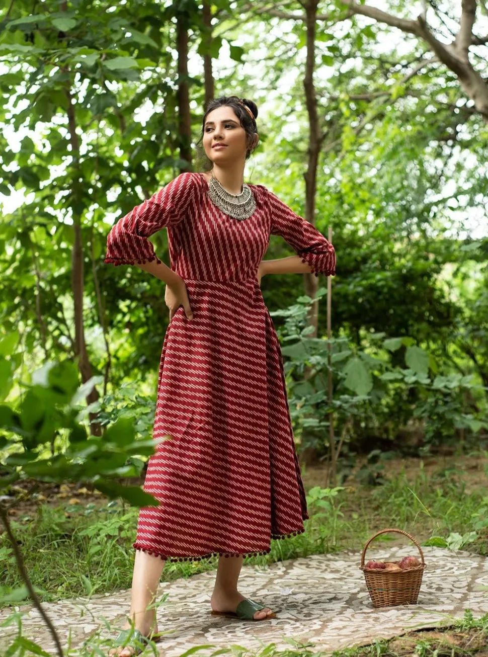 Jaipur Kurti Maroon Geometric A-Line Cotton Kurta
