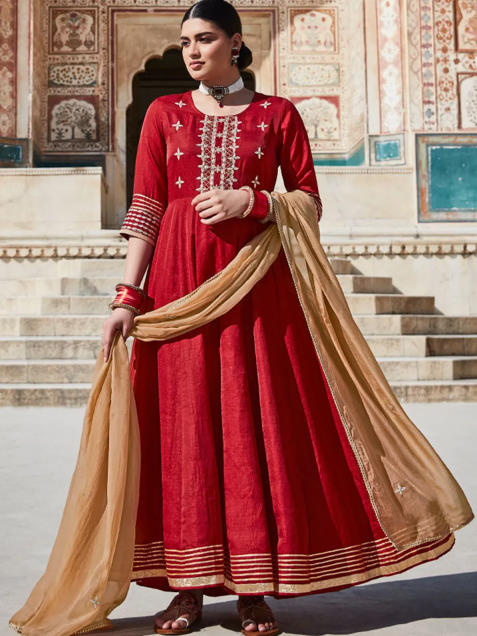Jaipur Kurti Silk Dobby Embroidered Anarkali Long Kurta With Organza Embroidred Dupatta