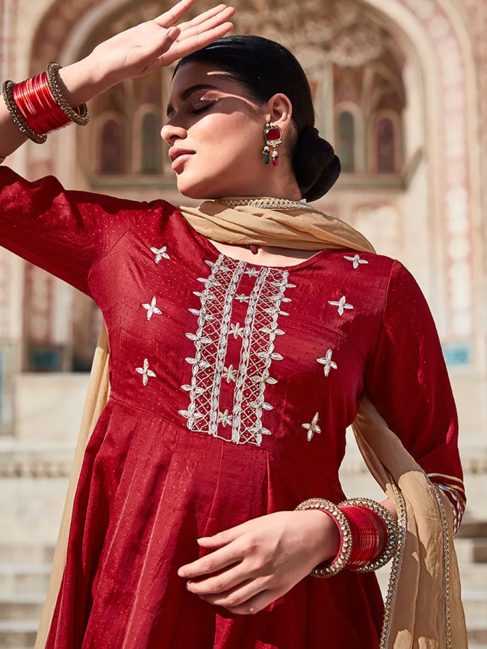 Jaipur Kurti Silk Dobby Embroidered Anarkali Long Kurta With Organza Embroidred Dupatta