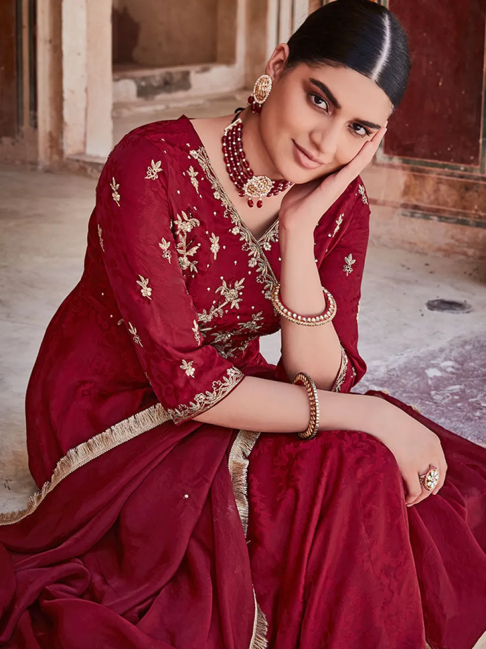 Jaipur Kurti Silk Dobby Embroidered Anarkali Long Kurta With Silk Blend Trousers And Organza Embroidred Dupatta