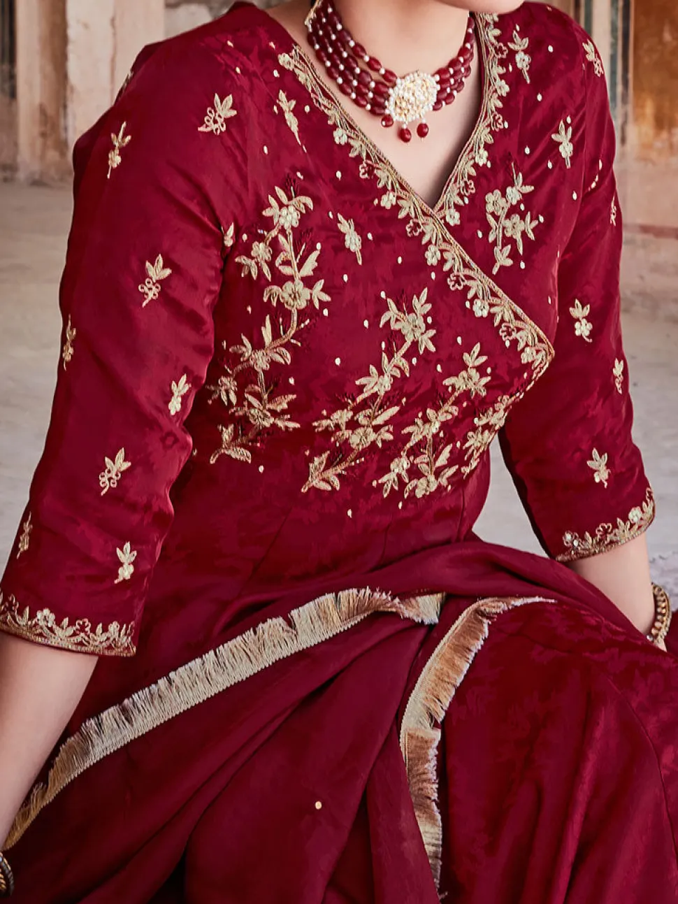 Jaipur Kurti Silk Dobby Embroidered Anarkali Long Kurta With Silk Blend Trousers And Organza Embroidred Dupatta