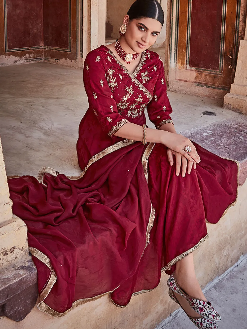 Jaipur Kurti Silk Dobby Embroidered Anarkali Long Kurta With Silk Blend Trousers And Organza Embroidred Dupatta