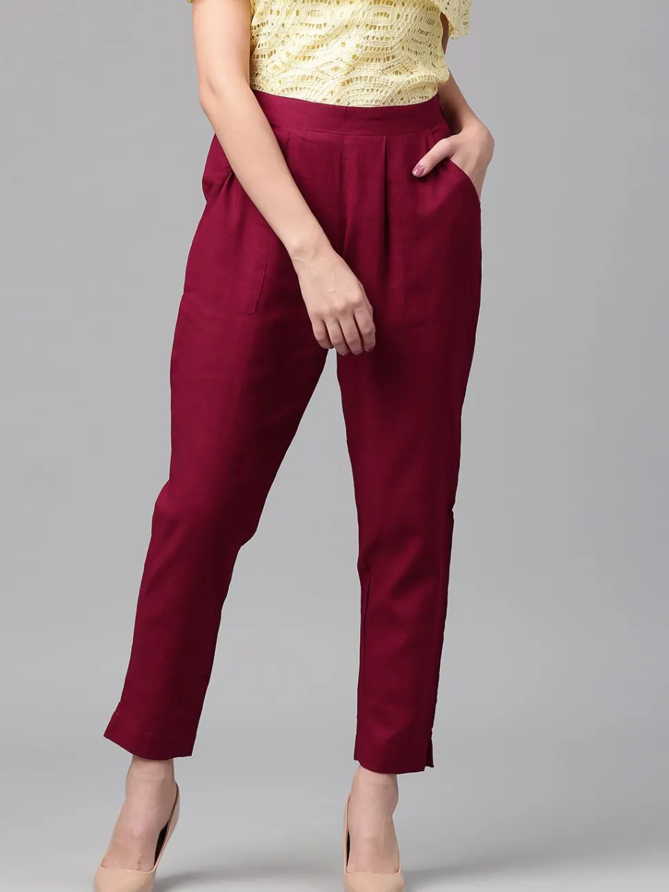 Jaipur Kurti Solid Cotton Slub Straight Pants