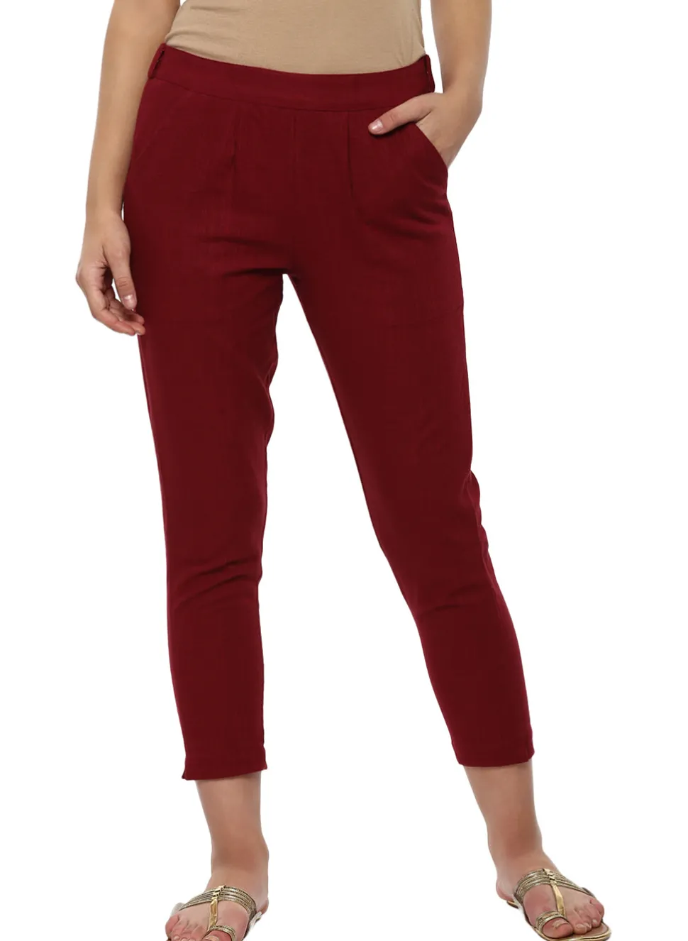 Jaipur Kurti Solid Cotton Slub Straight Pants