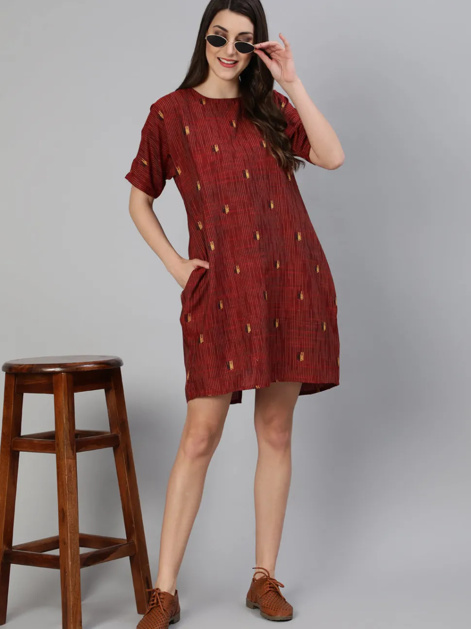Jaipur Kurti Maroon Yarn Dyed Self Weave Asymetrical Dress