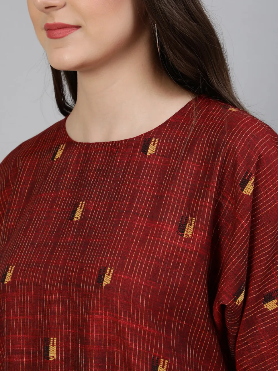 Jaipur Kurti Maroon Yarn Dyed Self Weave Asymetrical Dress