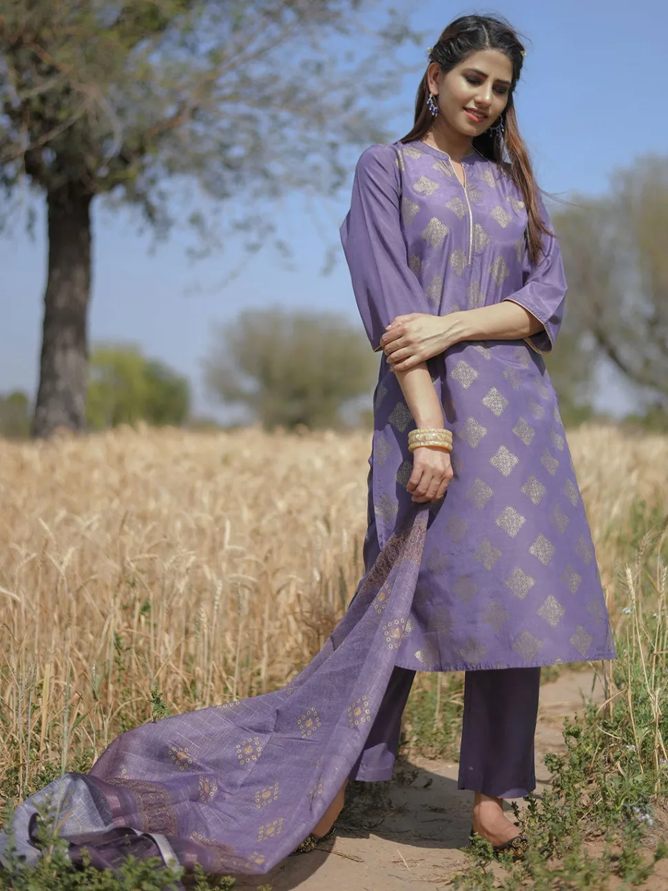 Jaipur Kurti Mauve Gold Printed Straight Kurta with Palazzos & Printed Dupatta