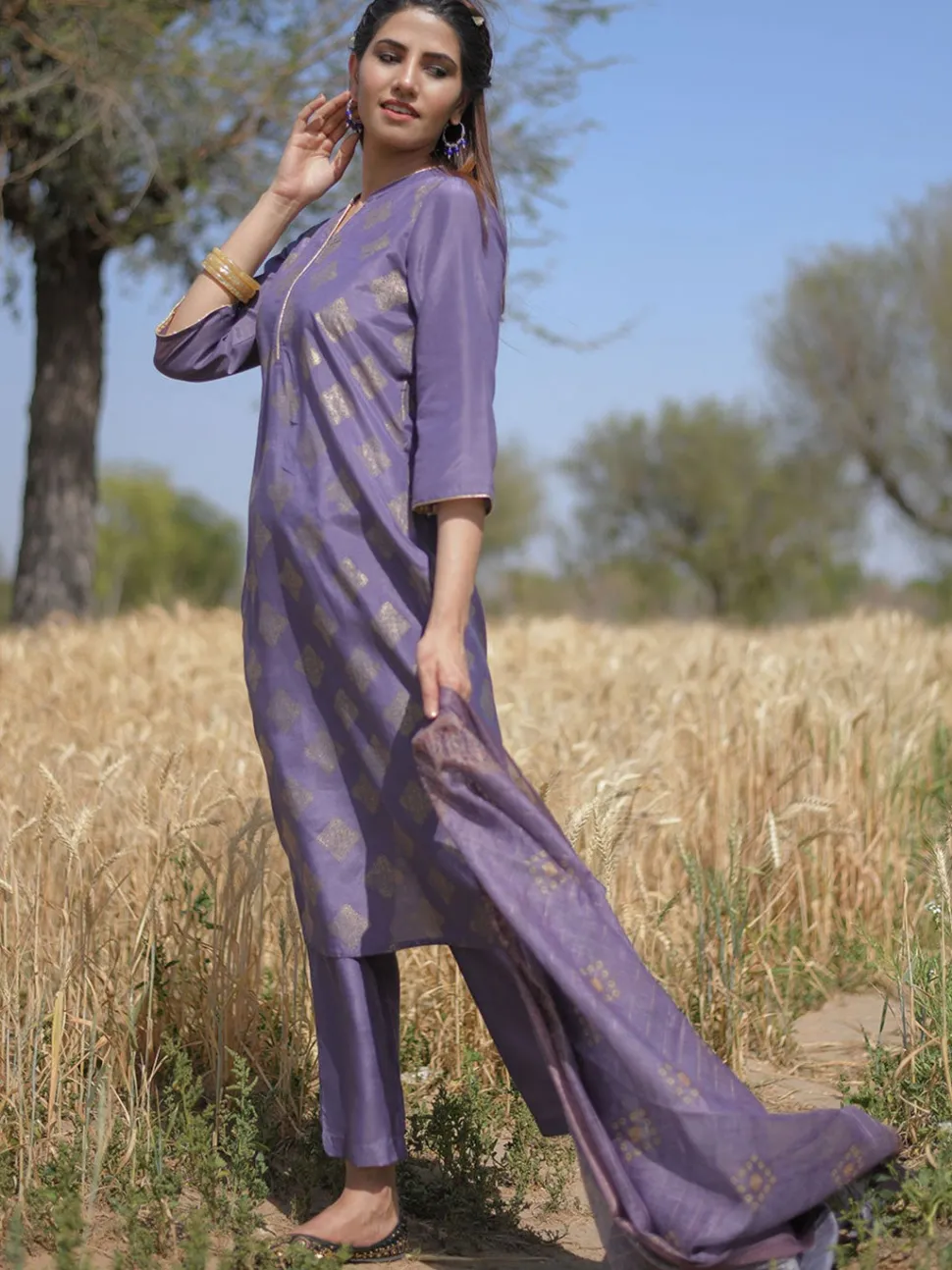 Jaipur Kurti Mauve Gold Printed Straight Kurta with Palazzos & Printed Dupatta