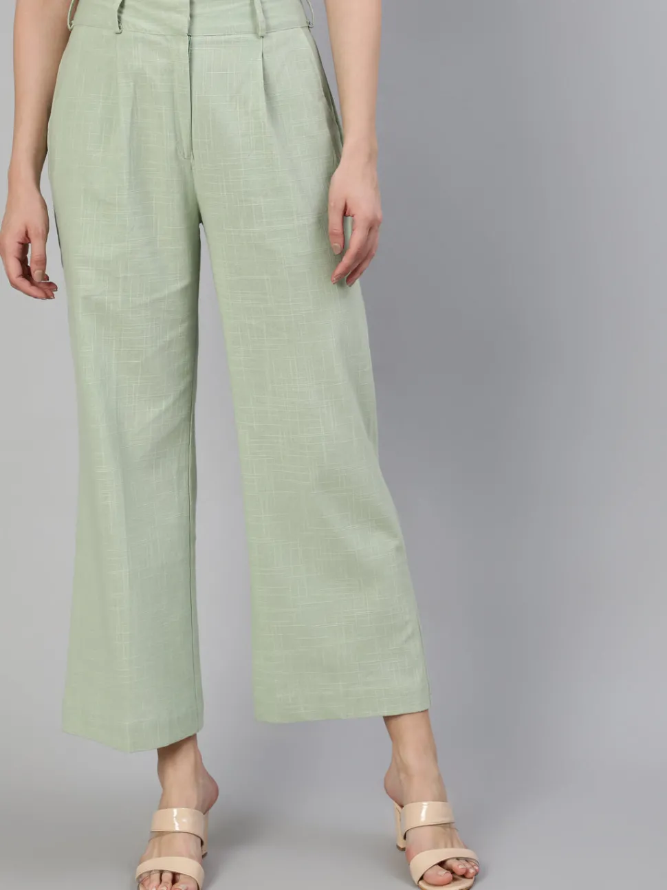 Jaipur Kurti Mint Green Cotton Slub Flared High Rise Parallel Pants