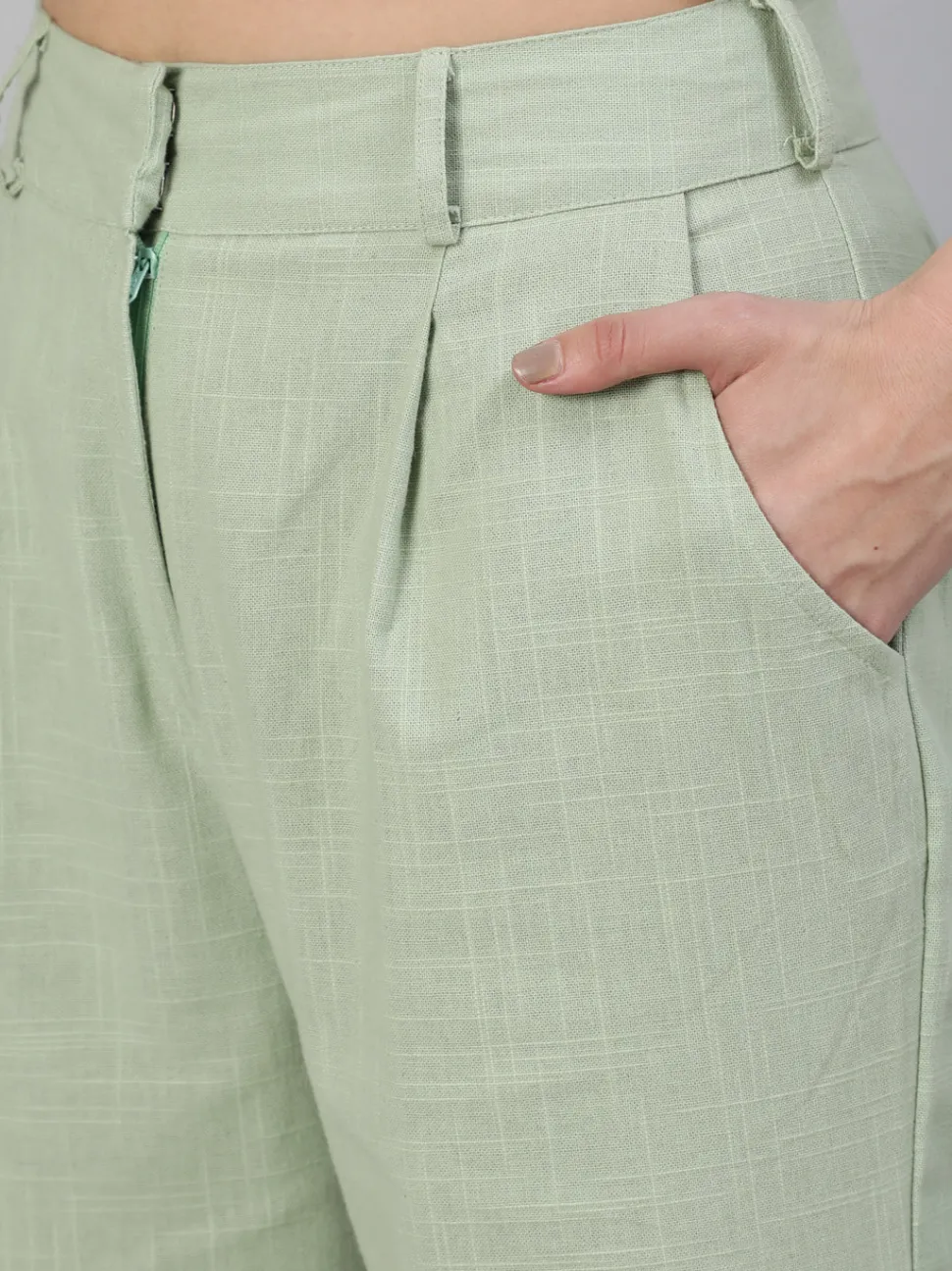 Jaipur Kurti Mint Green Cotton Slub Flared High Rise Parallel Pants
