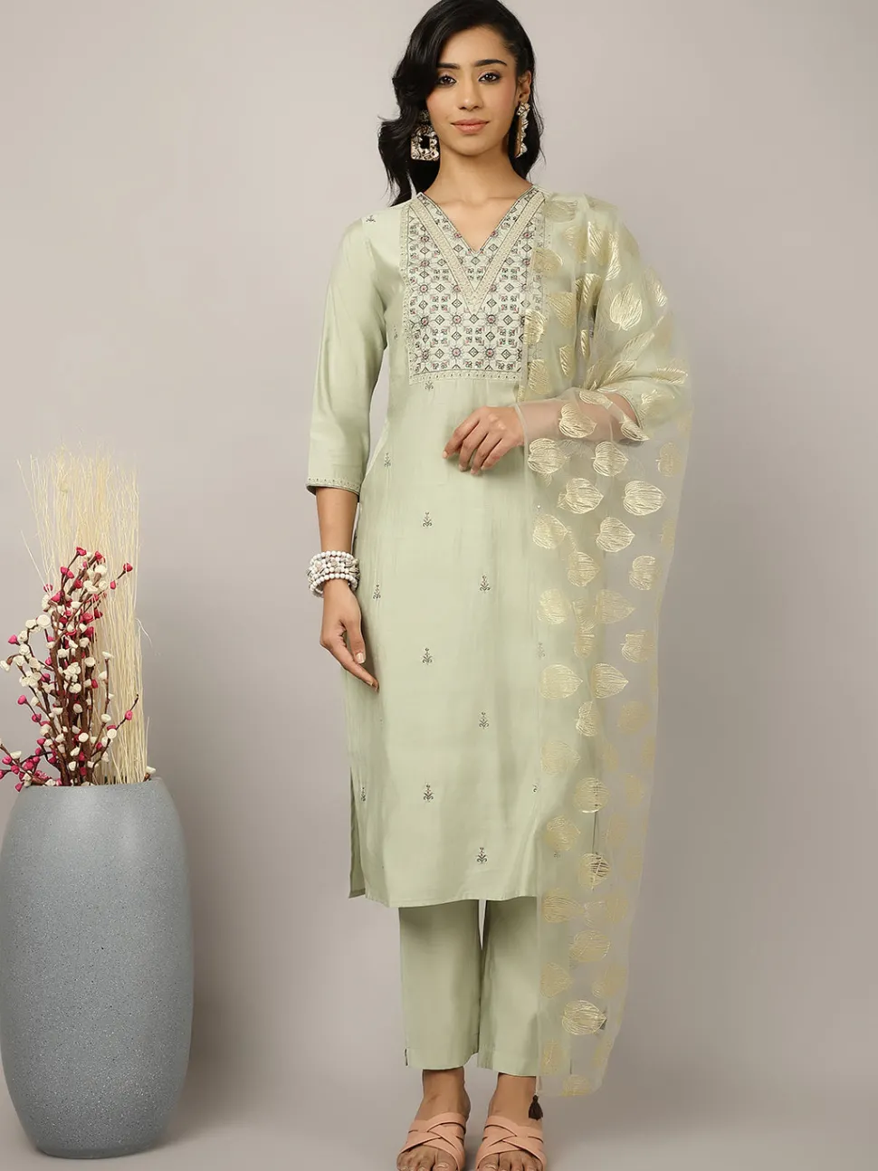 Jaipur Kurti Mint Green Silk Blend Embroidered Suit Set