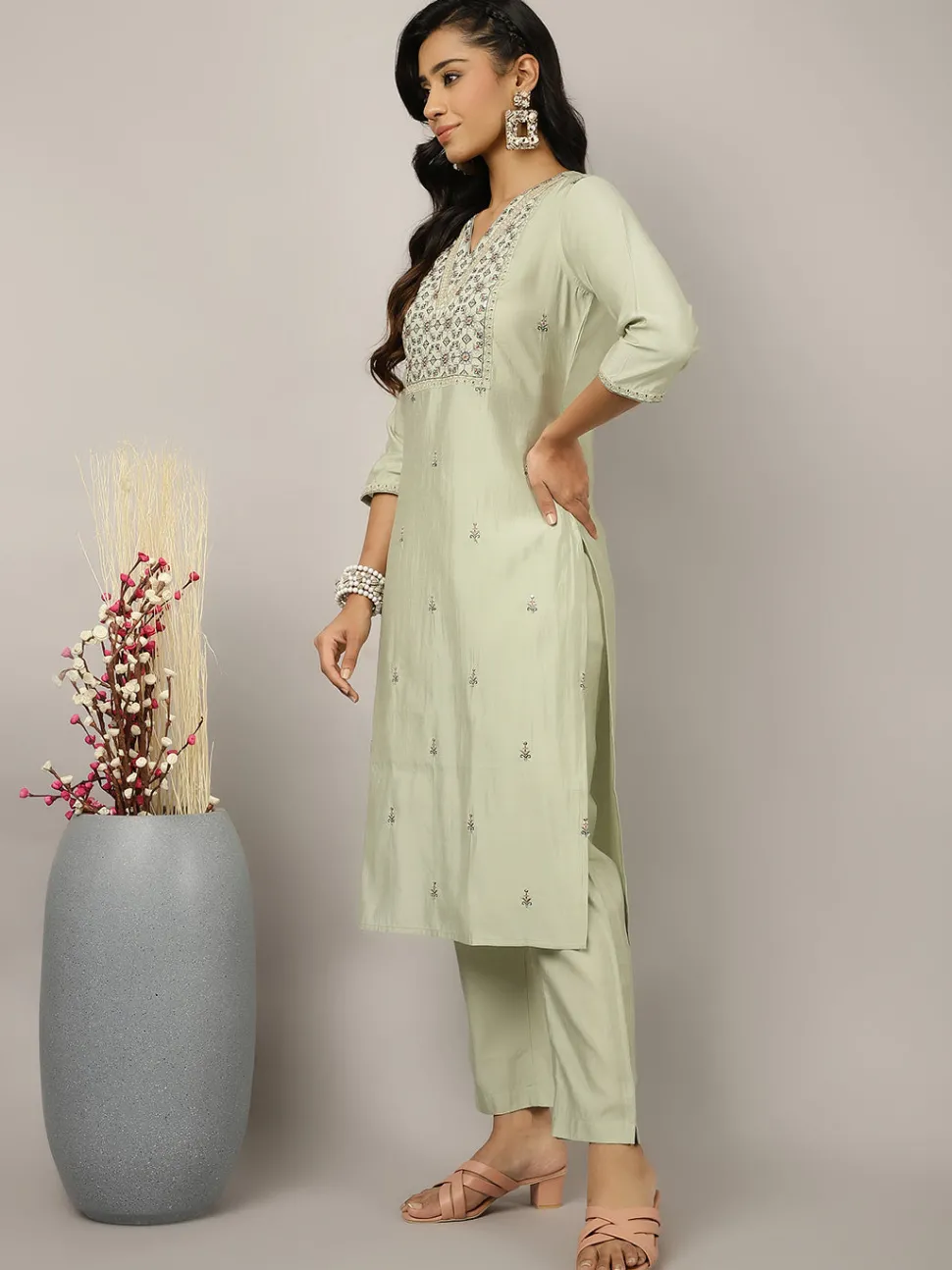 Jaipur Kurti Mint Green Silk Blend Embroidered Suit Set