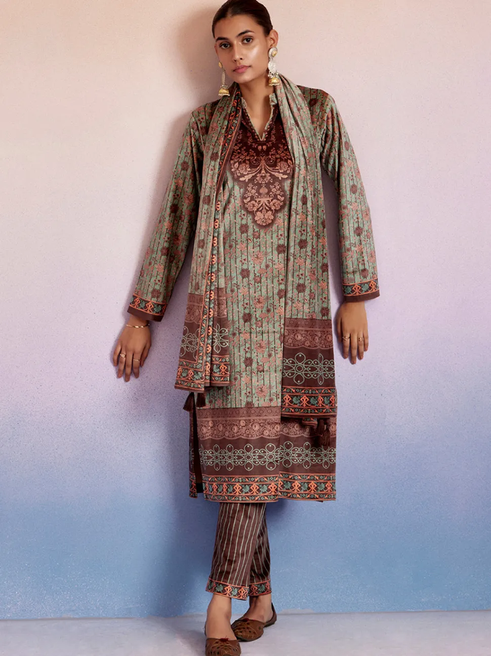 Jaipur Kurti Mint Green Woolen Ethnic Printed Kurta Set With Dupatta