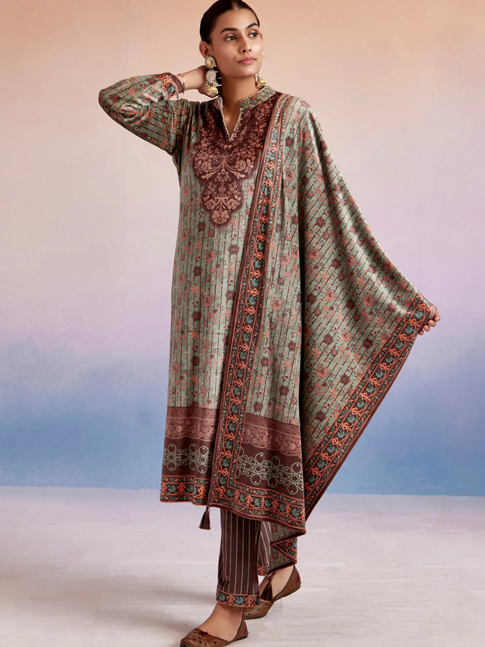 Jaipur Kurti Mint Green Woolen Ethnic Printed Kurta Set With Dupatta