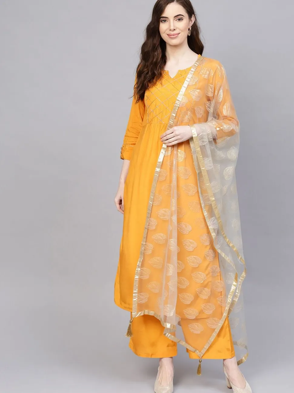 Jaipur Kurti Mustard & Grey Yoke Design Kurta with Palazzos & Net Dupatta