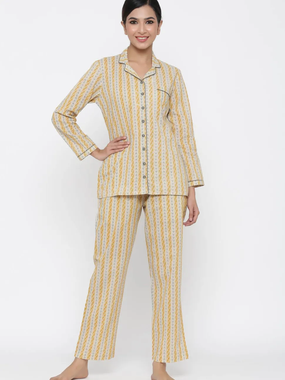 Jaipur Kurti Mustard Ethnic Print Straight Cotton Sleepwear