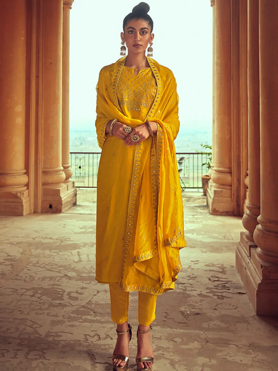 Jaipur Kurti Mustard Straight Zardozi Work Kurta With Pant & Dupatta
