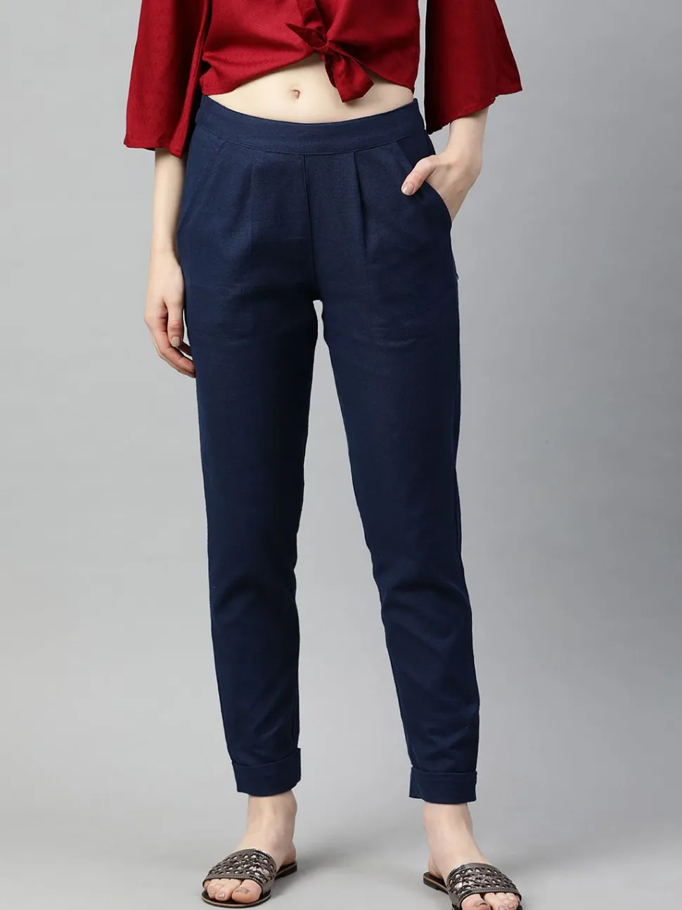 Jaipur Kurti Navy Blue Cotton Slub Bottom-Fold Straight Pants