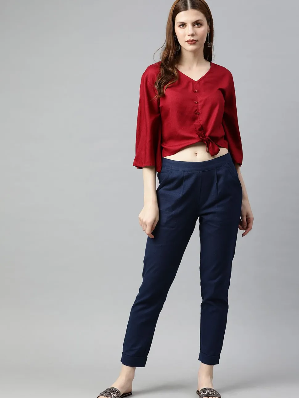 Jaipur Kurti Navy Blue Cotton Slub Bottom-Fold Straight Pants